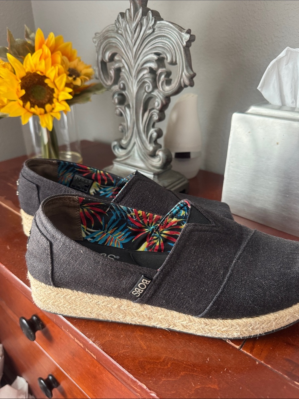 Skechers Kids Black Slip-On Espadrille Sneakers with Tropical Liner
